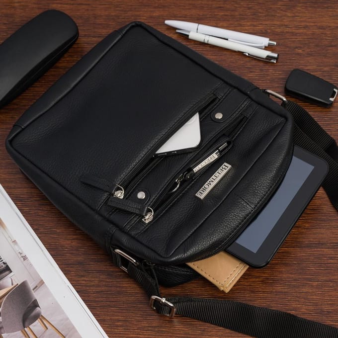 Leren Herentas Schoudertas Kleine Crossbody Zwart Elegante Beltimore