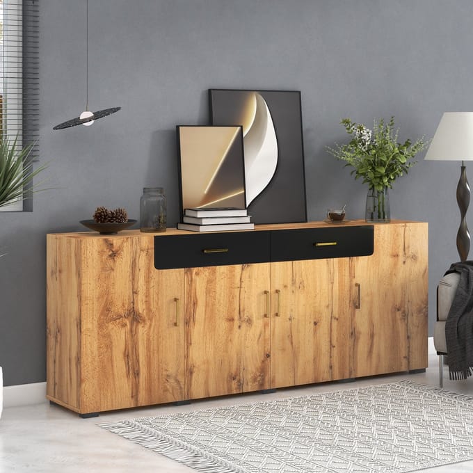 Sideboard - 208x39.5x80 cm - 4 deuren & 2 laden - unieke houtnerf (MDF) - 8 houten poten