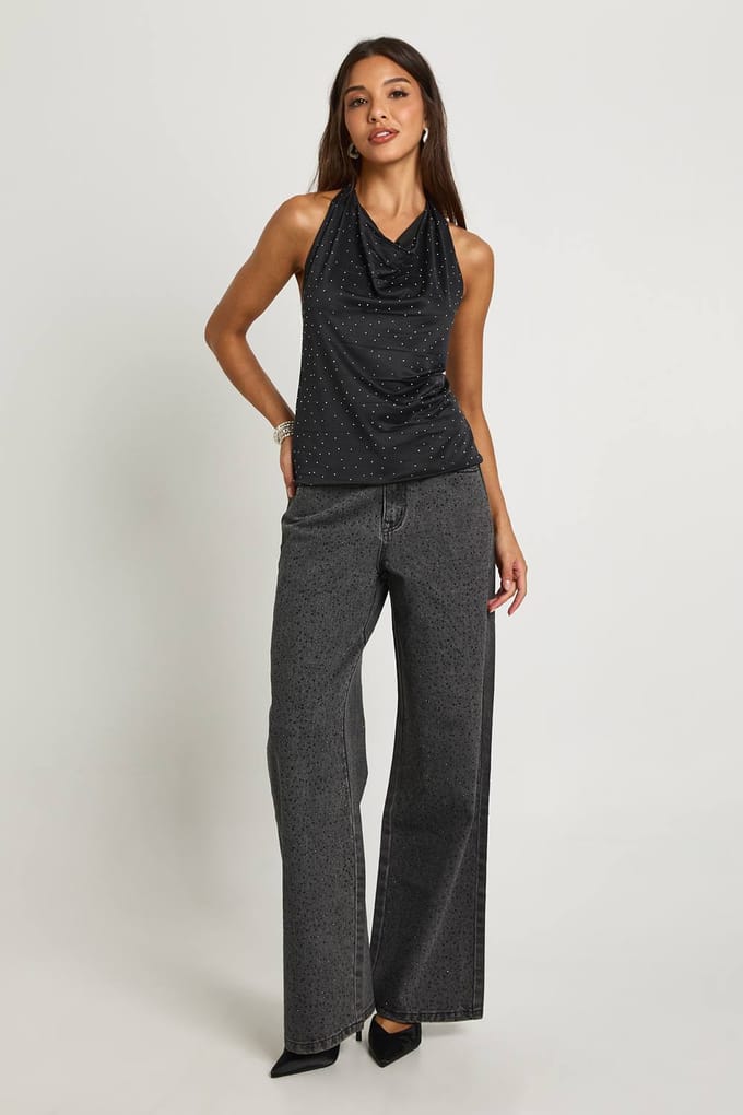 boohoo Dames Versierde Wijde Pijp Jeans | Washed Black | Maat: 8