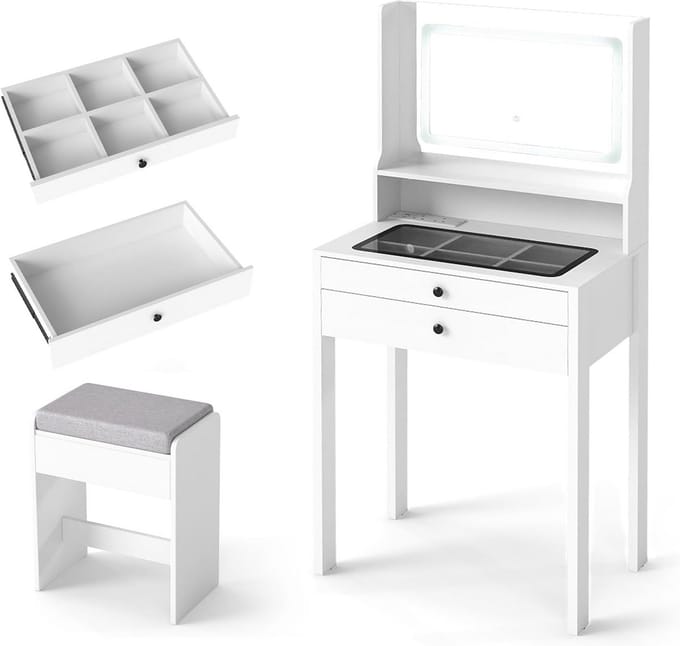 Kaptafel met 3 Kleuren LED Spiegel, Stopcontact en Kruk