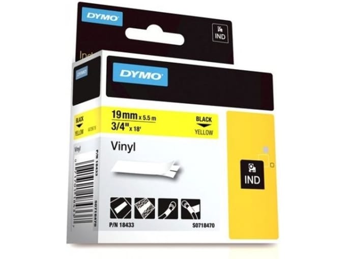 DYMO Rhino industriële Vinyl Labels | 19 mm x 5,5 m | zwarte afdruk op geel | zelfklevende labels voor Rhino & LabelManager labelprinters