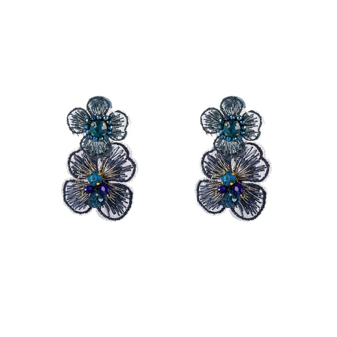 Go Dutch Label Oorknoppen Two Flowers Dangle Donker Blauw