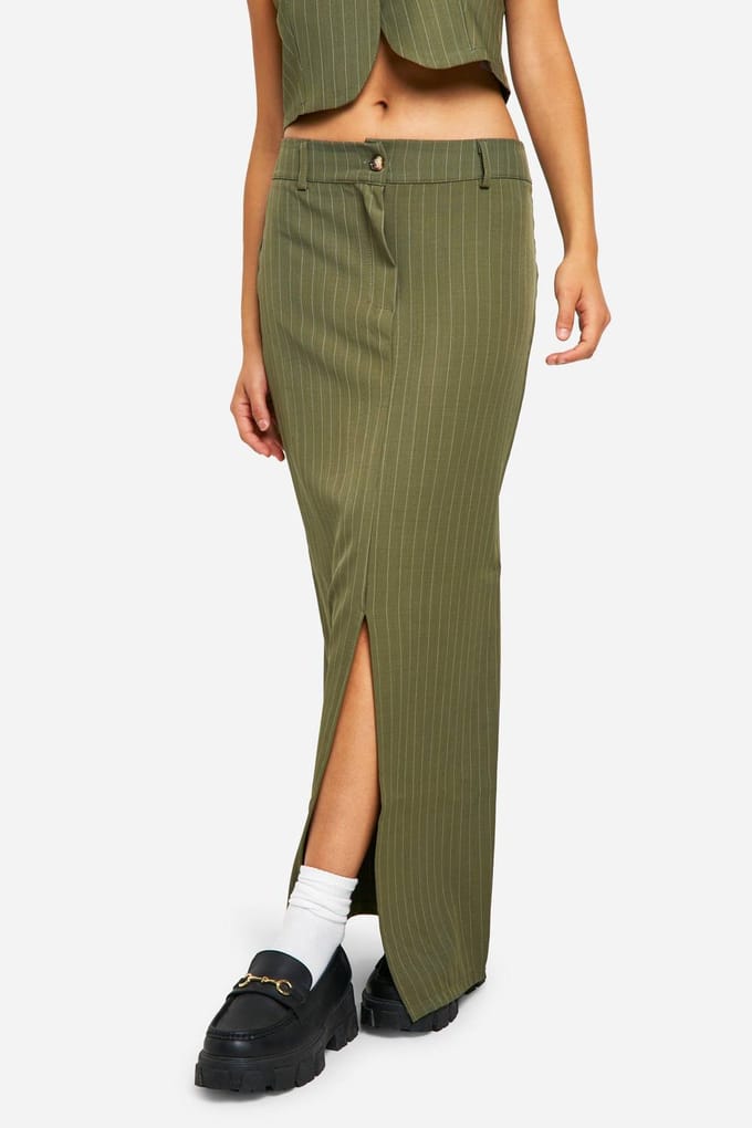 boohoo Dames Pinstripe Split Front Column Maxi Skirt | Kaki | Maat: 40