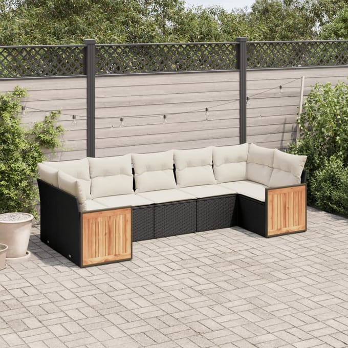 vidaXL - 7-delige - Loungeset - met - kussens - poly - rattan - zwart