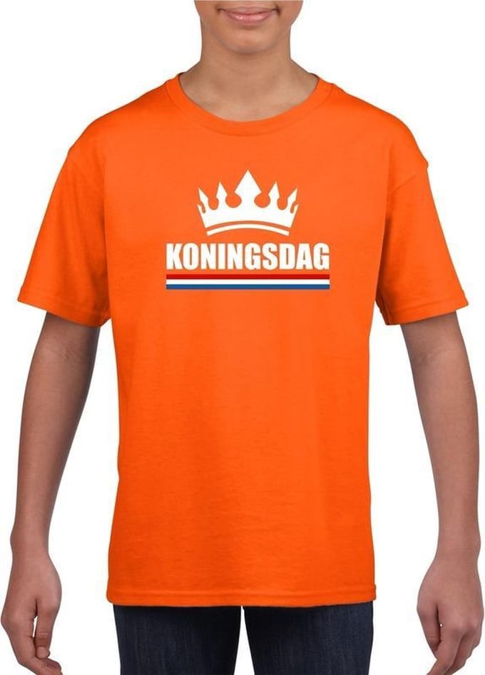 Oranje Koningsdag met een kroon shirt kinderen M (134-140)