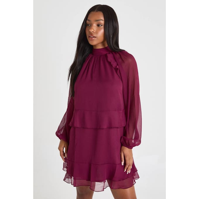 boohoo Dames Chiffon smockjurk met ruches | Burgundy | Maat: 8