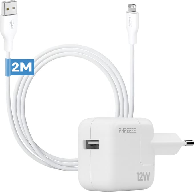 Phreeze usb power adapter 12w geschikt voor iPhone en iPad met usb A naar Lightning kabel - 2 meter - 12 W usb oplader