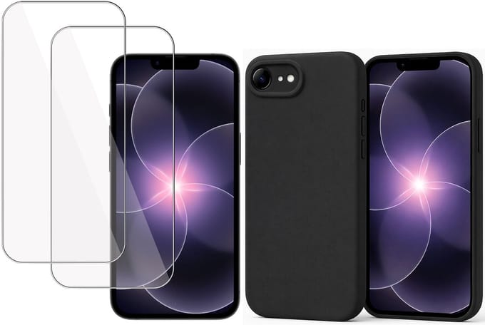 Technow hoesje + 2x Screenprotector geschikt voor iPhone 17e – Tempered Glass - Liquid Back Case - Cover - Zwart