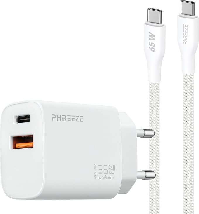 Phreeze usb C adapter 35w met usb C naar usb C kabel 1 meter - Snellader telefoon en tablet