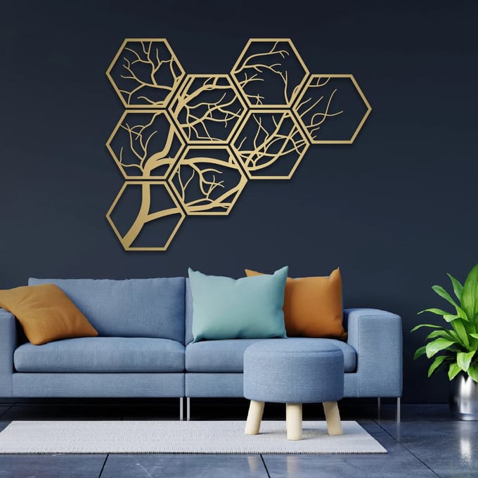 Metalen Wanddecoratie Levensboom – 3D Wandkunst – Goud – 65 x 81 cm – Set van 8