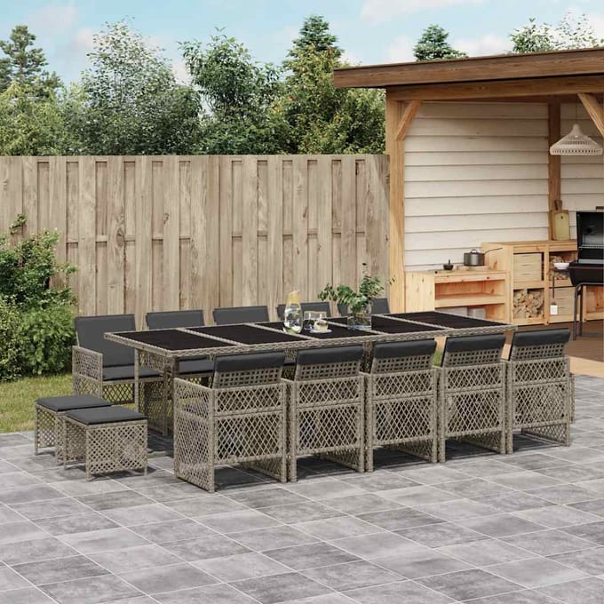 vidaXL - 15-delige - Tuinset - met - kussens - poly - rattan - grijs