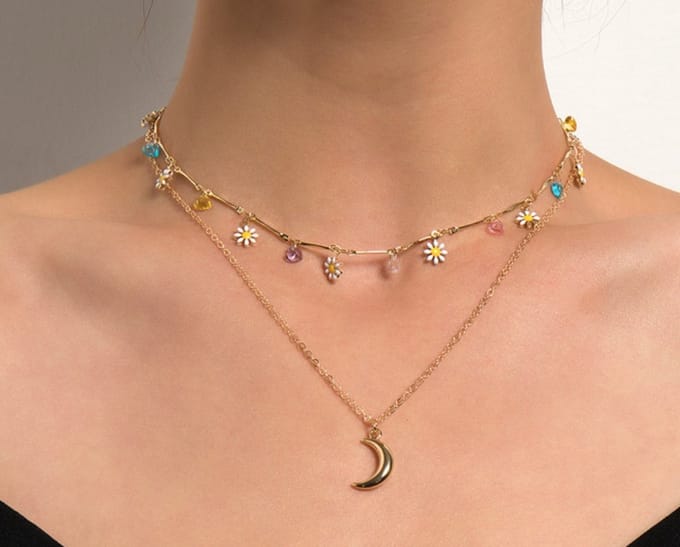 2 Lagen ketting maantje & bloemetjes | goud gekleurd