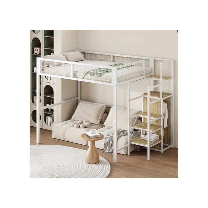 Lit mezzanine - MUVOE - 140x200 cm - Métal blanc - Échelle de sécurité - Rangement intégré blanc