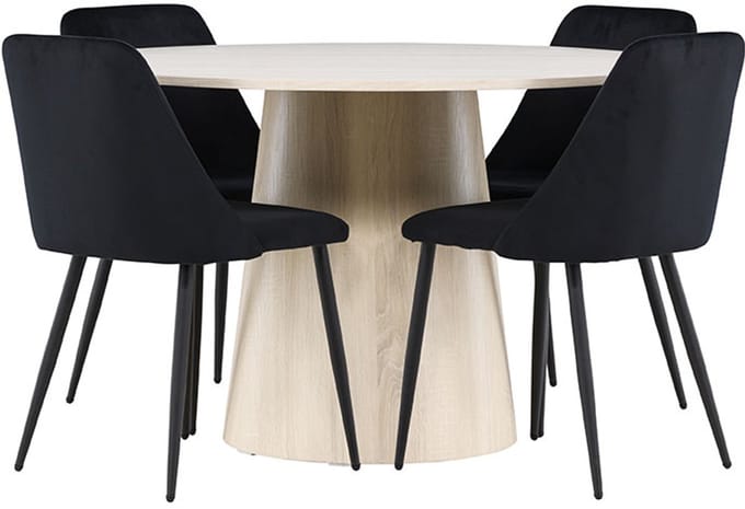 Lanzo eethoek tafel Ø120cm en 4 velours stoelen whitewash.
