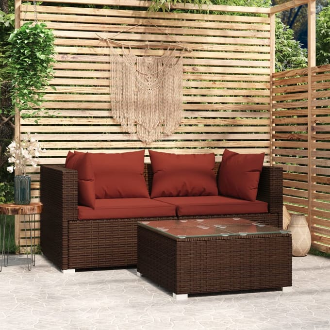 vidaXL - 3-delige - Loungeset - met - kussens - poly - rattan - bruin