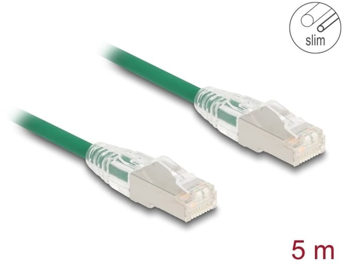 Delock RJ45 Network Cable Cat.6A plug to plug with curved latch U/FTP Slim 5 m green