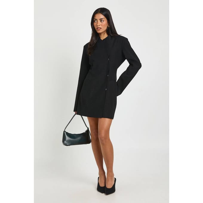 boohoo Dames Gestructureerde Hoge Hals Wikkel Voorkant Blazer Jurk | Zwart | Maat: 44