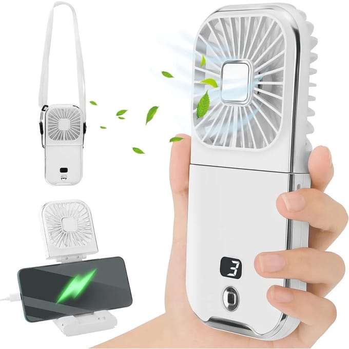 Bureauventilator, oplaadbare miniventilator, draagbare ventilator, ultradun en opvouwbaar, met telefoonhouder, 3000mAh capaciteit, wit.