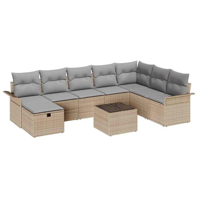 vidaXL - Tuinbank - Set - 9 - st - Beige - en - Lichtgrijs - poly - rattan