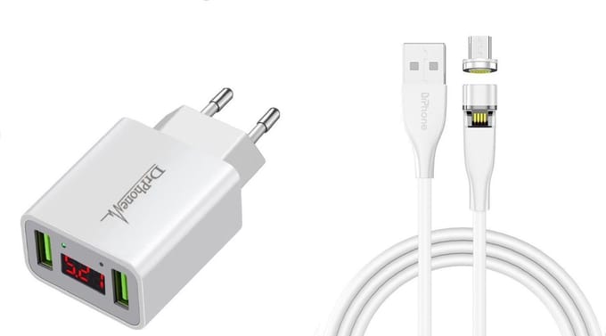 DrPhone ICO-1 - Magnetische Micro USB Oplaadkabel 3A + Thuislader 2 poorten USB Oplader 2.2A met LED Display - Wit