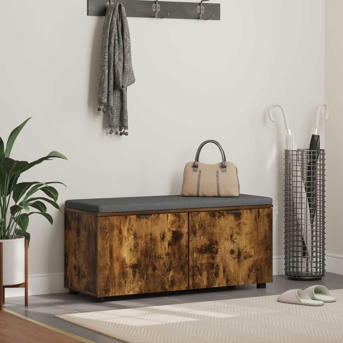 vidaXL - Hallenbank - met - kussen - met - plank - Gerookte - Eik - 100 - x - 38 - x - 46 - cm