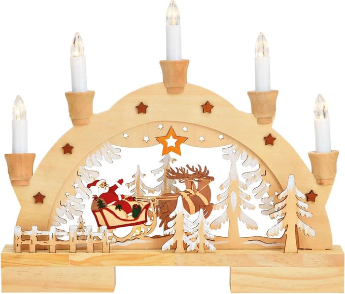 Decoratieboog kerst blank hout met kaarsen en arreslee