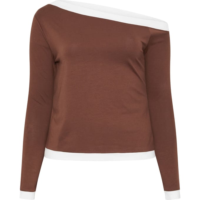 Limited Collection Chocoladebruine Contrasterende Top Met Blote Schouders Size 46