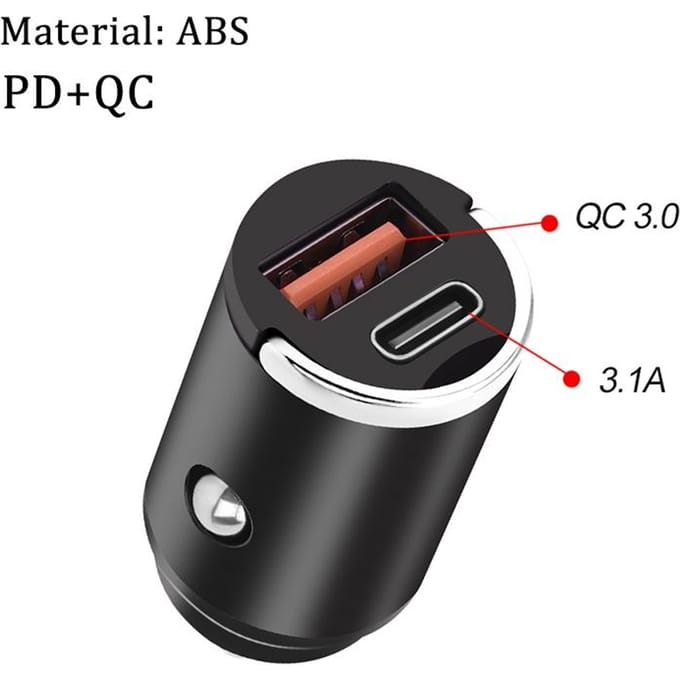 Mini 30W Car Charger USB Fast Charger QC 3.0 Quick Charge Type C PD Charging Adapter Cigarette Socket Lighter Mobile Phone Charger For iphone ABS zwart