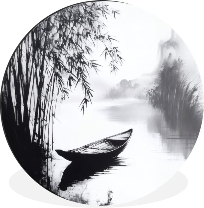 WallCircle - Wandcirkel - Muurcirkel - Boot - Rivier - Bamboe - Wit - Aluminium - Dibond - 60x60 cm - Binnen en Buiten