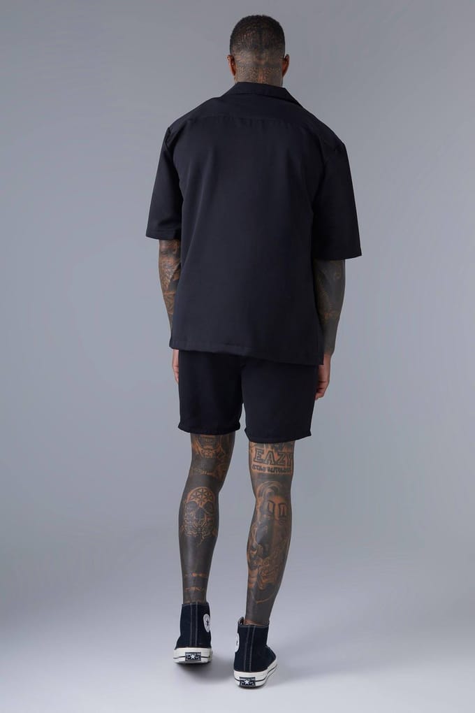 Korte Mouwen Regular Fit Drop Revere Satijnen Overhemd en Short Set | Black | Size Medium