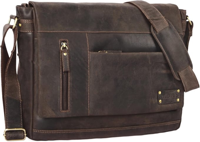 Vintage leren schoudertas met laptopcompartiment - Donkerbruin