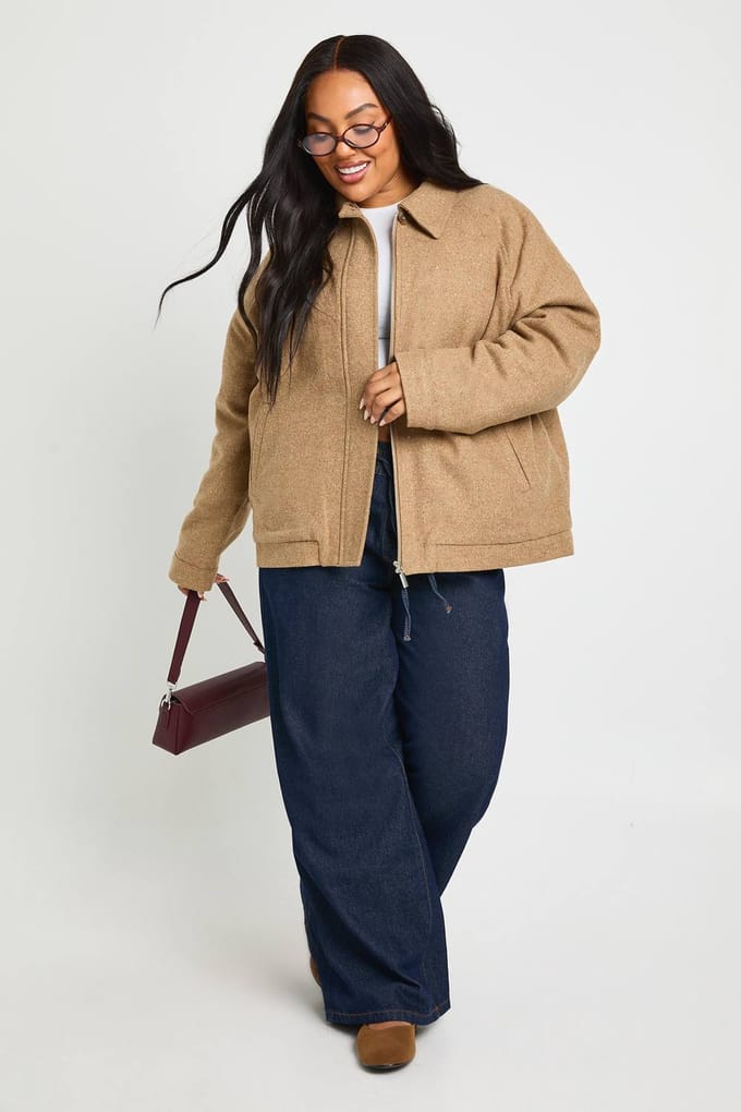 boohoo Dames Plus Wool Look Oversized Jas | Tan | Maat: 16