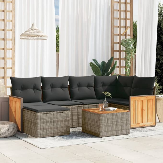 vidaXL - 7-delige - Loungeset - met - kussens - poly - rattan - grijs
