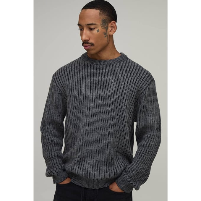 Relaxed Fit Gebreide Trui Met Contrasterende Ribbels | Charcoal | Size Medium