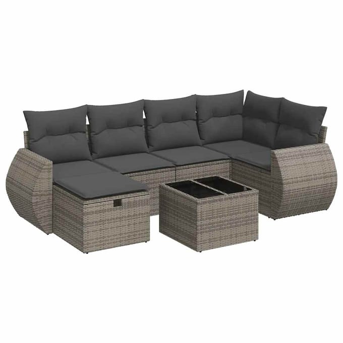 vidaXL - 7-delige - Loungeset - met - kussens - poly - rattan - grijs