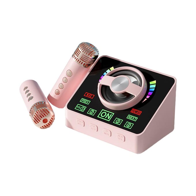 Karaoke Machine Mini Draadloze Microfoon en Luidspreker KTV Set met 2 Microfoons RGB Lichteffecten roze