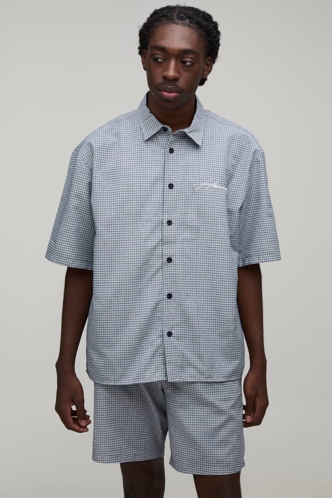 Geborduurd Micro-ruit Boxy Overhemd & Short Set | Black | Size Medium