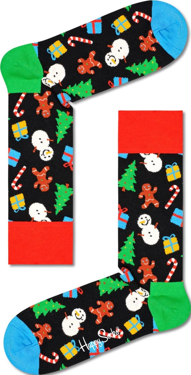 Happy Socks Bring It On Sock - kerstpret op zwart - Unisex - Maat: 41 - 46