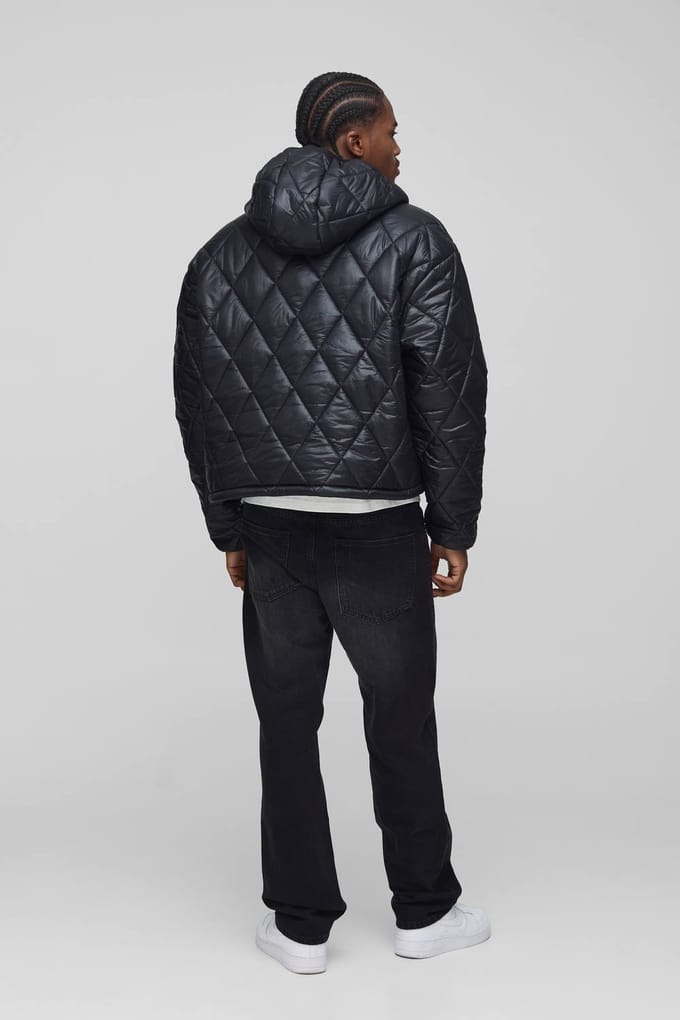 Oversized Boxy High Sheen Diamond-gequilde capuchon funnel puffer jas | Black | Size Medium