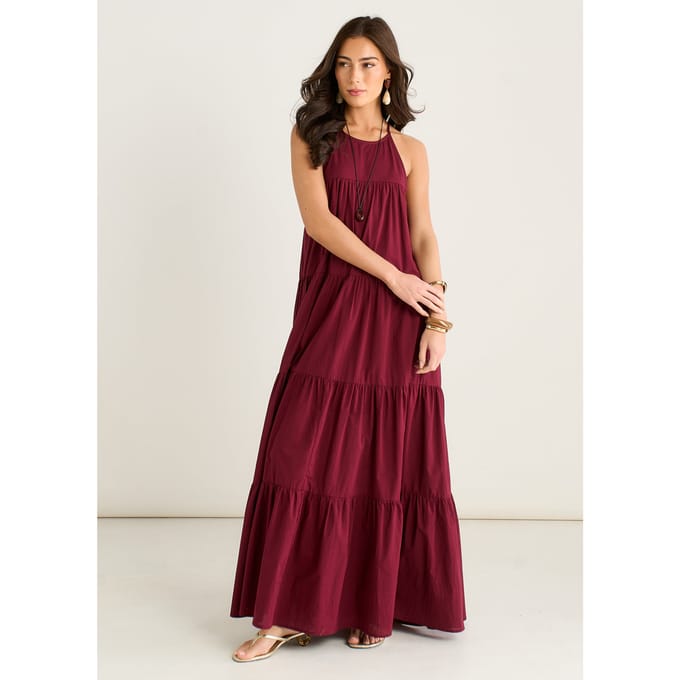 Mulberry gelaagde halter-maxi-trapezejurk
