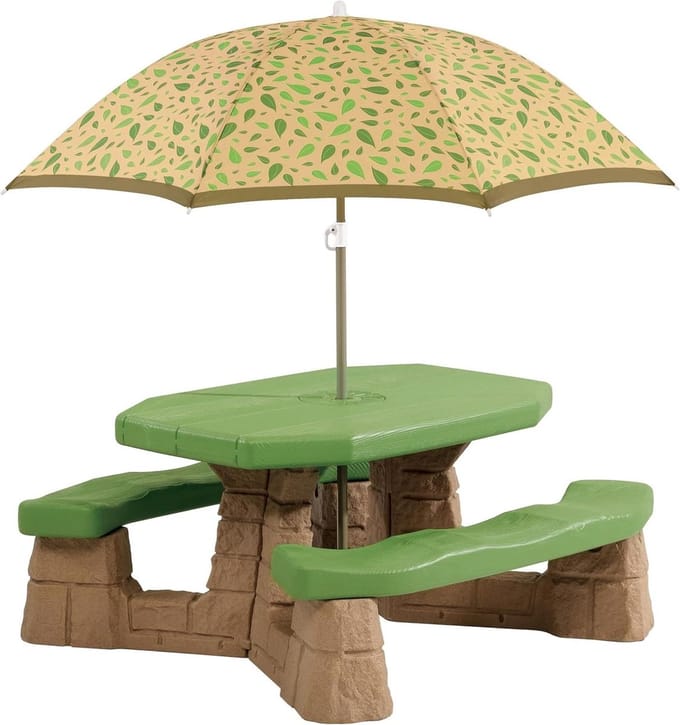 Kinderpicknicktafel - Buitenmeubel - Samen spelen - Inclusief parasol - 6 kinderen - Bruin groen