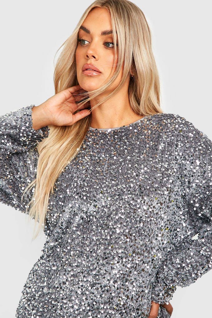 boohoo Dames Plus Sequin Batwing Shift Jurk | Silver | Maat: 22