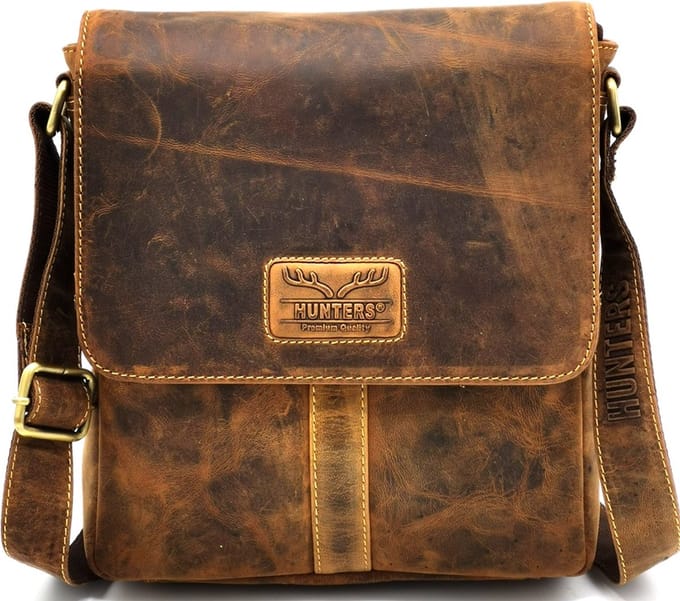 Hunters Leren Crossbodytas Buffelleer bruin H 25cm x B 24cm