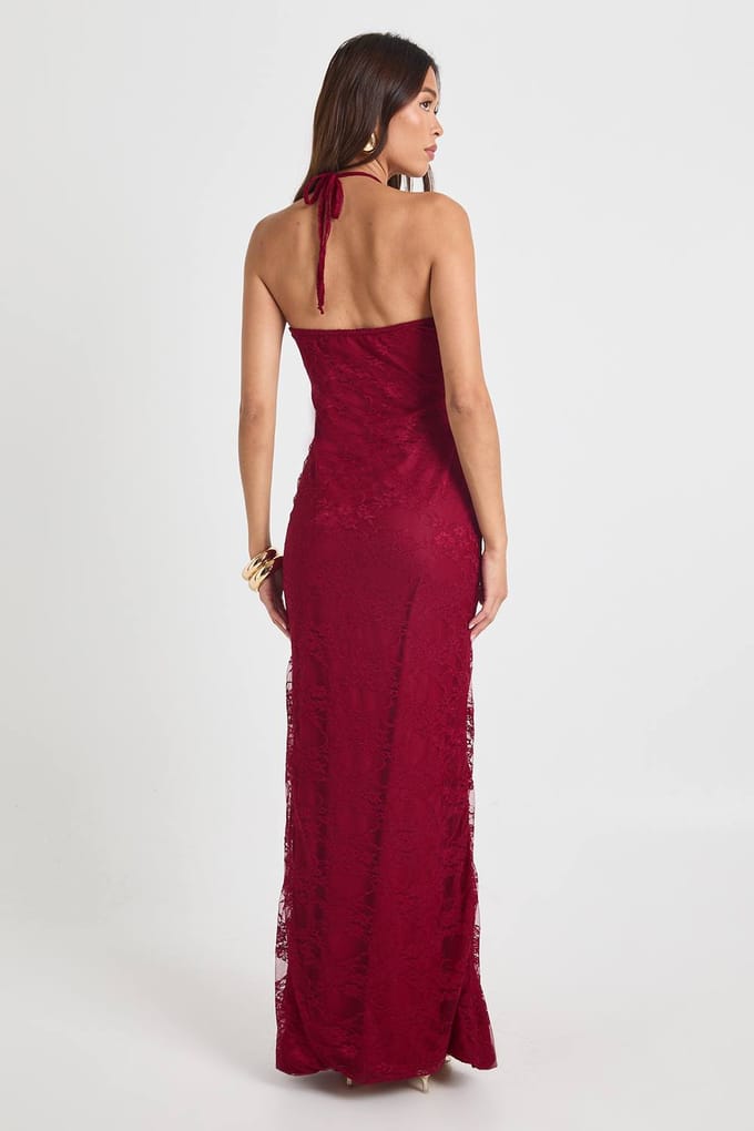 boohoo Dames Kanten halternek maxi-kolomjurk | Bordeaux Rood | Maat: 42