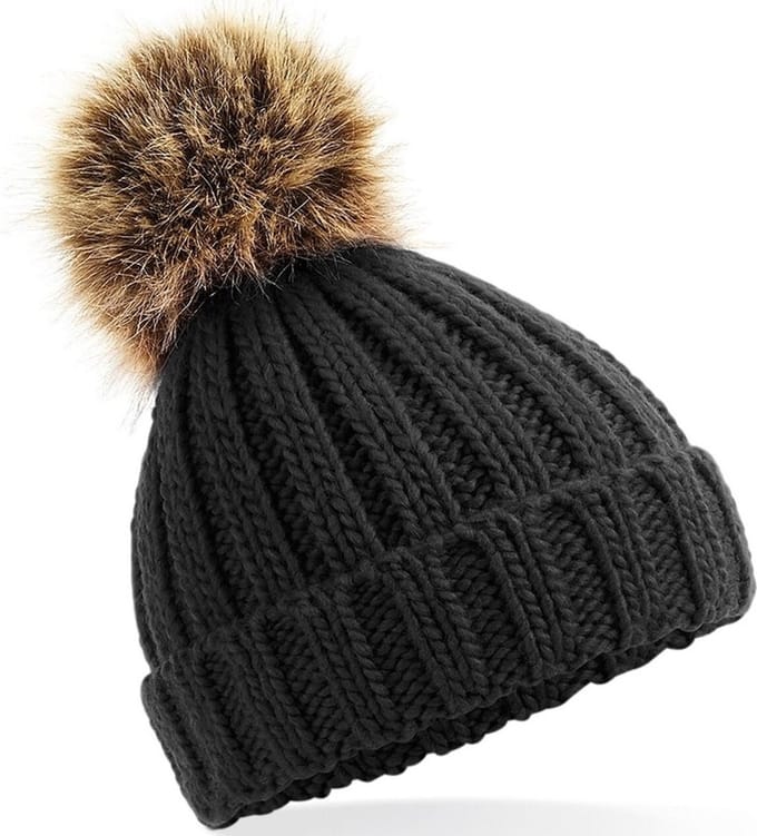 Beechfield gebreide wintermuts - zwart - grof/chunky met pompon - voor meisjes/kinderen