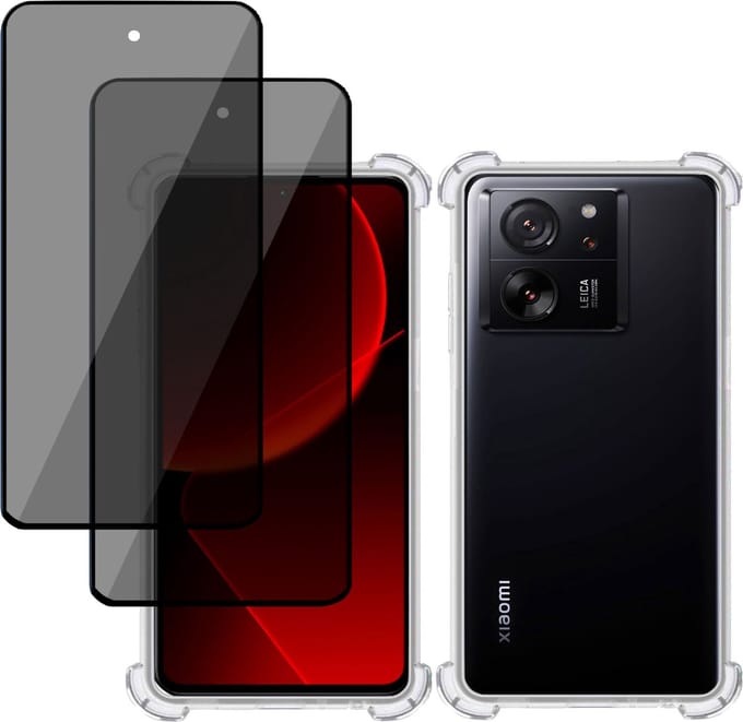 Hoesje + 2x Privé Screenprotector geschikt voor Xiaomi 13T Pro – Privacy Tempered Glass - Case Transparant