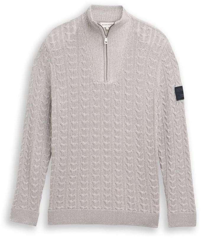 Tom Tailor - Troyer gebreide trui met kabelpatroon - Maat S - grey offwhite plated