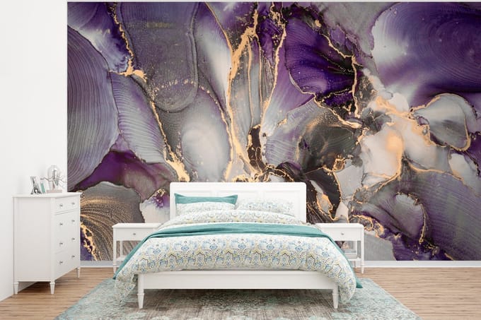 Behang - Fotobehang Goud - Paars - Marmer - Breedte 295 cm x hoogte 220 cm