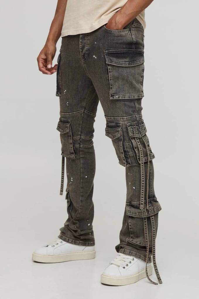 Gewassen Gestapelde Flared Cargo Jeans Met Banddetail | Stone | Size 34R