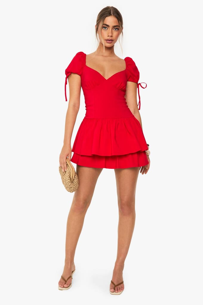boohoo Dames Frill Puff Sleeve Milkmaid Mini Jurk | Rood | Maat: 36